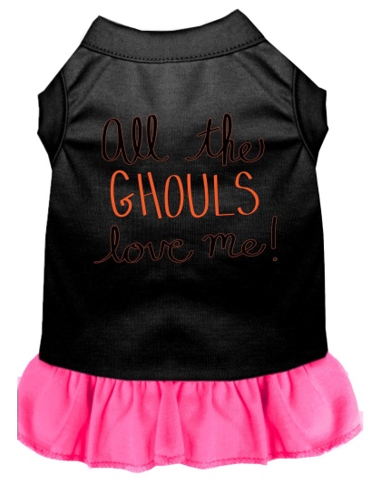 All the Ghouls Screen Print Dog Dress Black with Bright Pink Lg