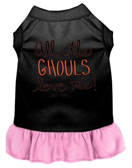 All the Ghouls Screen Print Dog Dress Black with Light Pink Lg