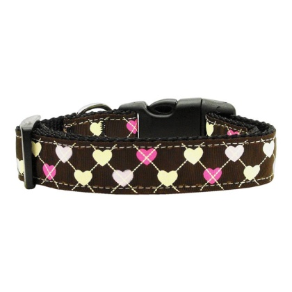 Argyle Hearts Nylon Ribbon Collar Brown Large