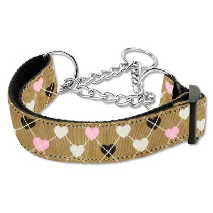 Argyle Hearts Nylon Ribbon Collar Martingale Tan Large