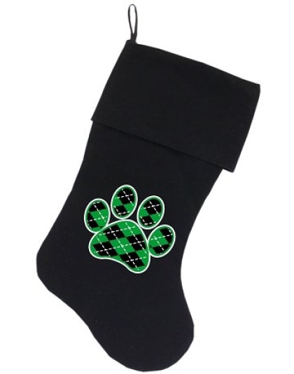 Argyle Paw Green Screen Print 18 inch Velvet Christmas Stocking Black