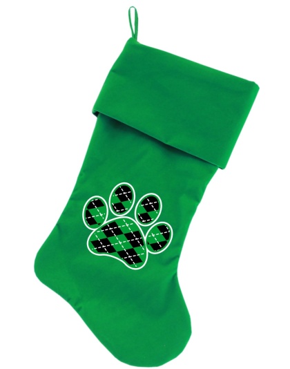 Argyle Paw Green Screen Print 18 inch Velvet Christmas Stocking Green