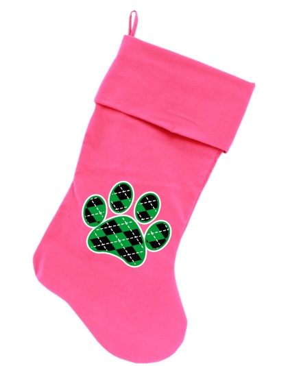 Argyle Paw Green Screen Print 18 inch Velvet Christmas Stocking Pink