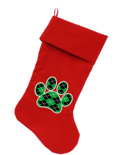 Argyle Paw Green Screen Print 18 inch Velvet Christmas Stocking Red