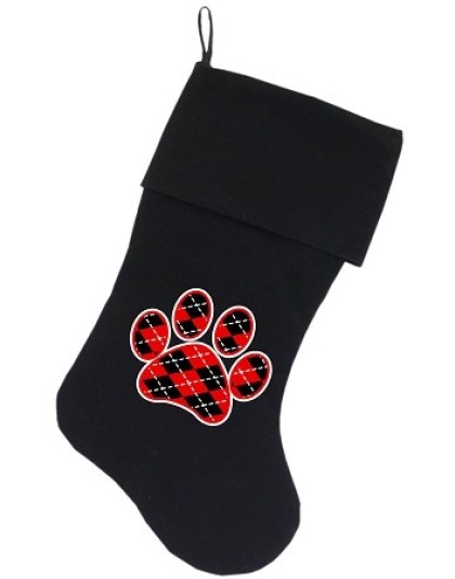 Argyle Paw Red Screen Print 18 inch Velvet Christmas Stocking Black