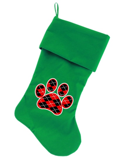 Argyle Paw Red Screen Print 18 inch Velvet Christmas Stocking Green