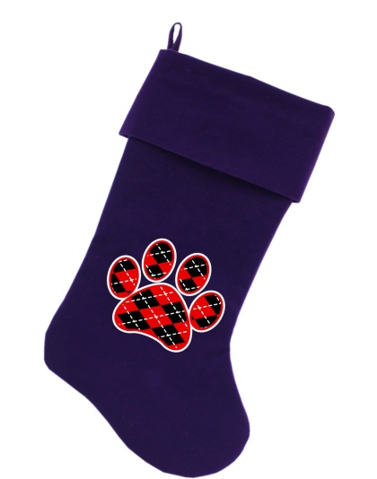 Argyle Paw Red Screen Print 18 inch Velvet Christmas Stocking Purple