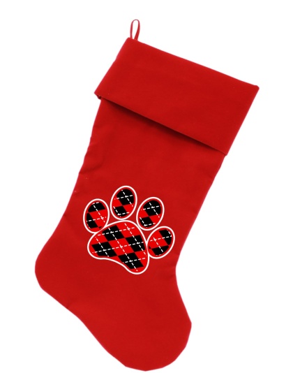 Argyle Paw Red Screen Print 18 inch Velvet Christmas Stocking Red