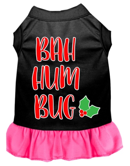 Bah Humbug Screen Print Dog Dress Black with Bright Pink Lg