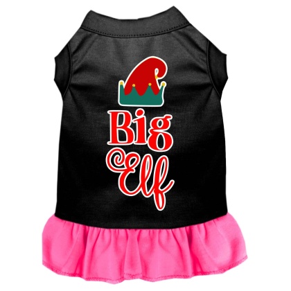 Big Elf Screen Print Dog Dress Black with Bright Pink Lg