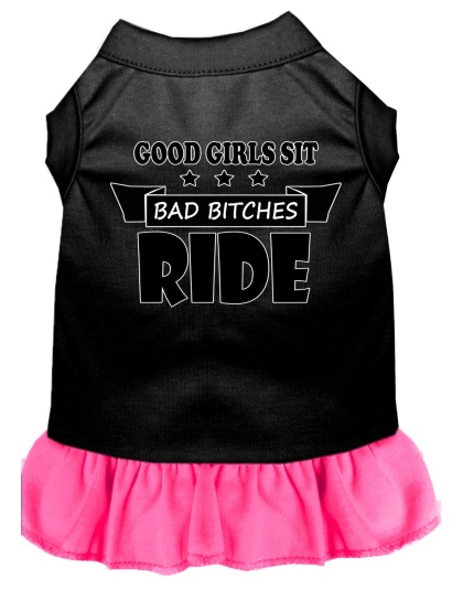 Bitches Ride Screen Print Dog Dress Black with Bright Pink Lg