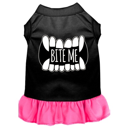 Bite Me Screen Print Dog Dress Black with Bright Pink Lg