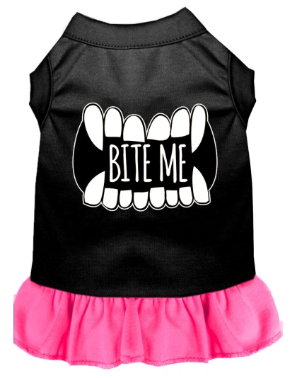 Bite Me Screen Print Dog Dress Black with Bright Pink Lg