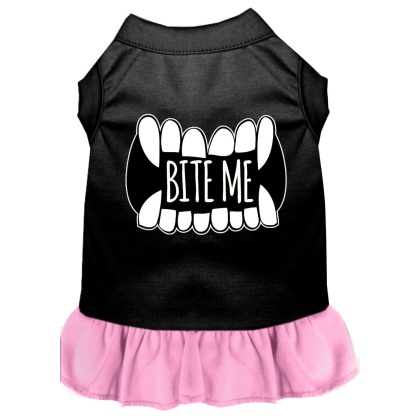 Bite Me Screen Print Dog Dress Black with Light Pink Lg