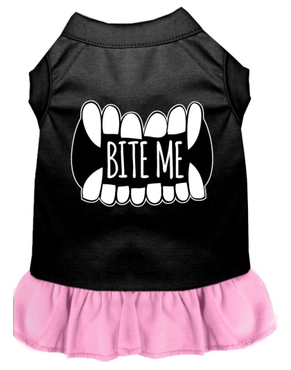 Bite Me Screen Print Dog Dress Black with Light Pink Lg