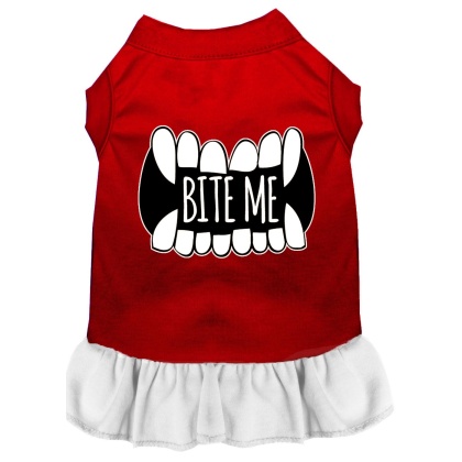 Bite Me Screen Print Dog Dress Red with White Lg