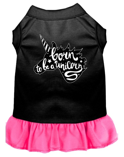 Born to be a Unicorn Screen Print Dog Dress Black with Bright Pink Lg