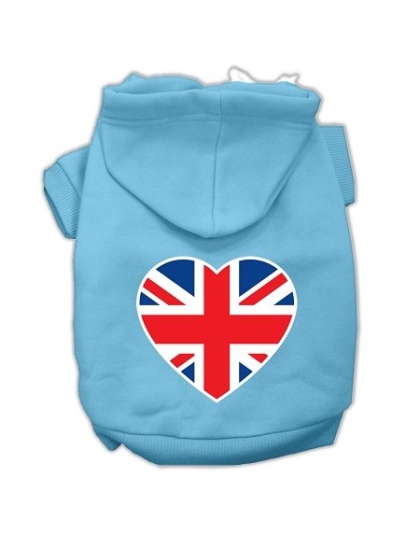 British Flag Heart Screen Print Pet Hoodies Baby Blue Size Lg