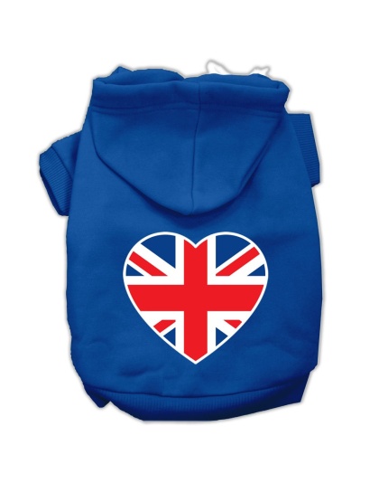 British Flag Heart Screen Print Pet Hoodies Blue Size Lg