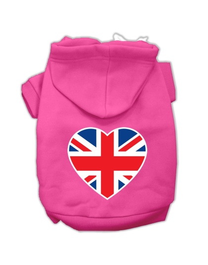 British Flag Heart Screen Print Pet Hoodies Bright Pink Size Lg