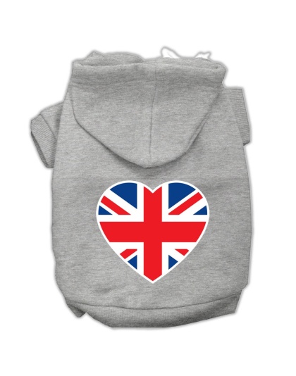British Flag Heart Screen Print Pet Hoodies Grey Size Med