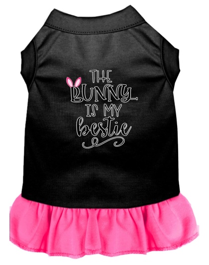 Bunny is my Bestie Screen Print Dog Dress Black with Bright Pink Lg