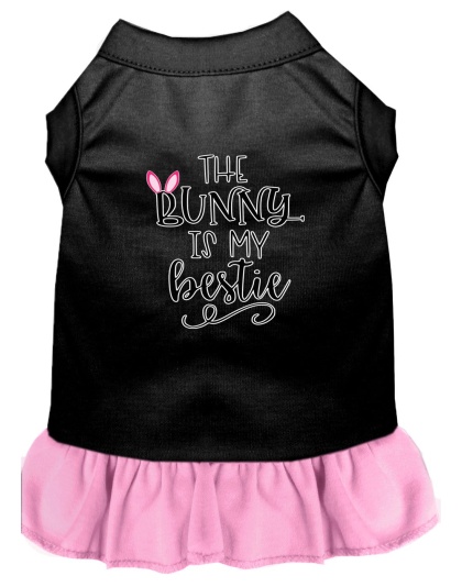 Bunny is my Bestie Screen Print Dog Dress Black with Light Pink Lg