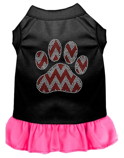 Candy Cane Chevron Paw Rhinestone Dog Dress Black with Bright Pink Lg