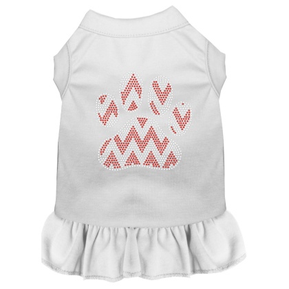 Candy Cane Chevron Paw Rhinestone Dog Dress White 4X