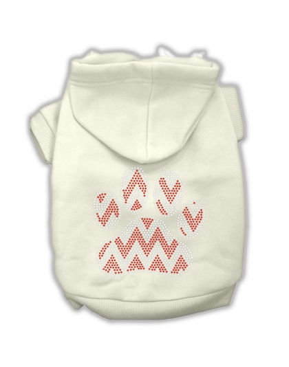 Candy Cane Chevron Paw Rhinestone Dog Hoodie Cream L