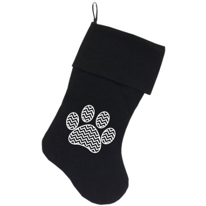 Chevron Paw Screen Print 18 inch Velvet Christmas Stocking Black