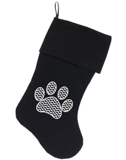 Chevron Paw Screen Print 18 inch Velvet Christmas Stocking Black