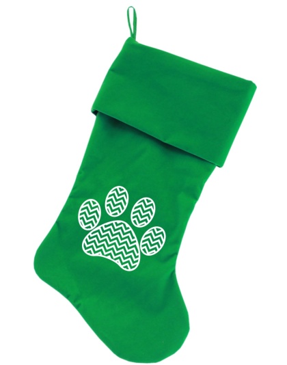 Chevron Paw Screen Print 18 inch Velvet Christmas Stocking Green