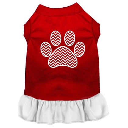 Chevron Paw Screen Print Dress Red with White Lg