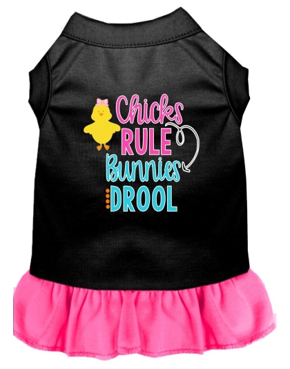 Chicks Rule Screen Print Dog Dress Black with Bright Pink Lg