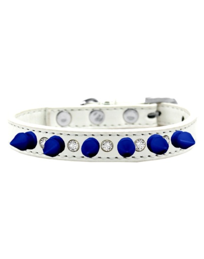 Crystal and Blue Spikes Dog Collar White Size 10