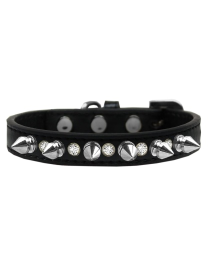 Crystal and Silver Spikes Dog Collar Black Size 10