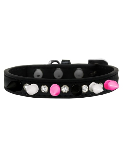 Crystal with Black, White and Bright Pink Spikes Dog Collar Black Size 10