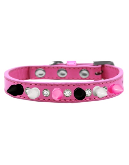 Crystal with Black, White and Bright Pink Spikes Dog Collar Bright Pink Size 10