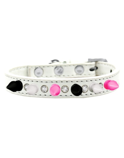 Crystal with Black, White and Bright Pink Spikes Dog Collar White Size 10