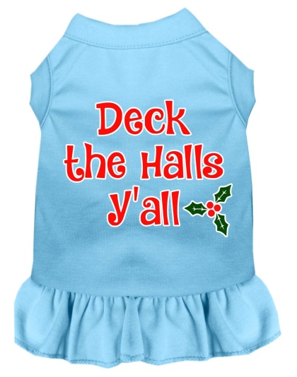 Deck the Halls Y'all Screen Print Dog Dress Baby Blue 4X