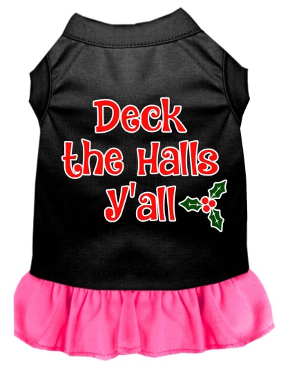 Deck the Halls Y'all Screen Print Dog Dress Black with Bright Pink Lg