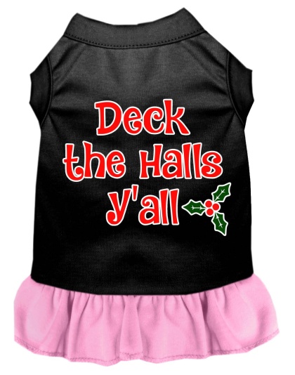 Deck the Halls Y'all Screen Print Dog Dress Black with Light Pink Lg