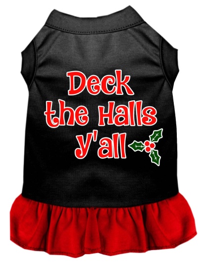 Deck the Halls Y'all Screen Print Dog Dress Black with Red Lg