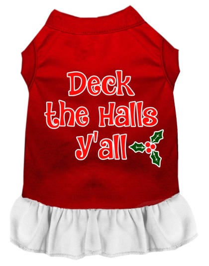 Deck the Halls Y'all Screen Print Dog Dress Red with White Lg