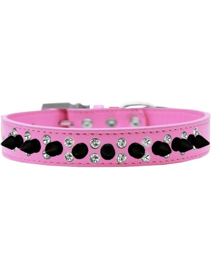 Double Crystal and Black Spikes Dog Collar Bright Pink Size 12