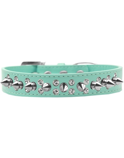 Double Crystal and Silver Spikes Dog Collar Aqua Size 12