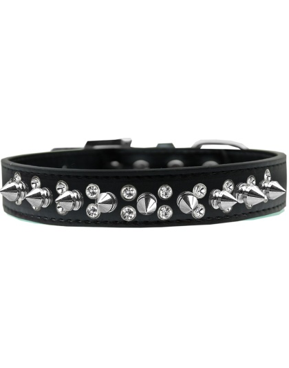 Double Crystal and Silver Spikes Dog Collar Black Size 12