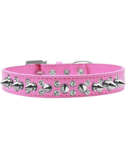 Double Crystal and Silver Spikes Dog Collar Bright Pink Size 12
