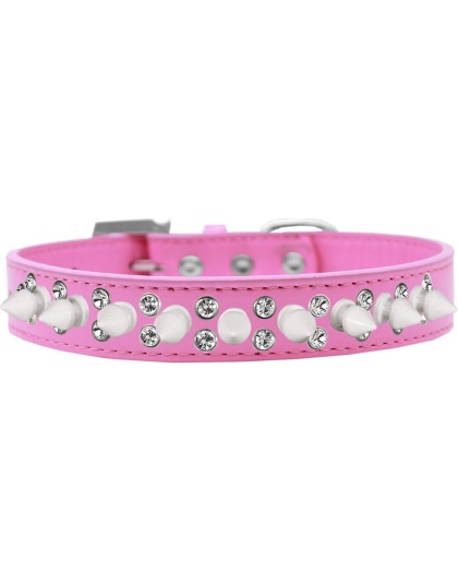 Double Crystal and White Spikes Dog Collar Bright Pink Size 12